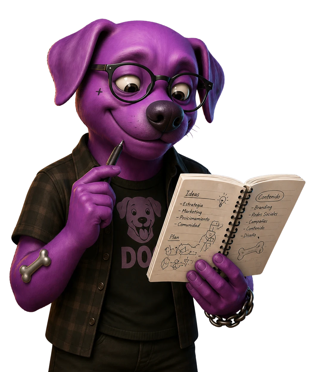 Personaje de Kiltro planificando ideas en una libreta